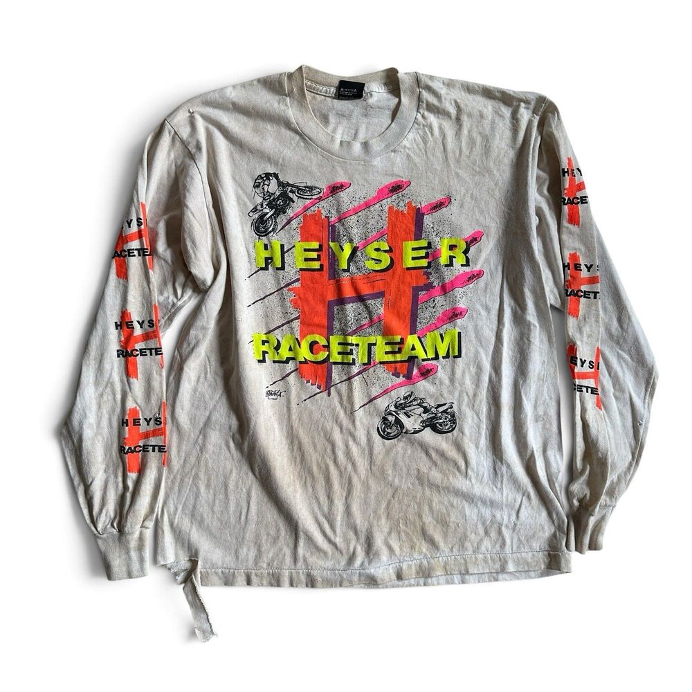 Vintage 90s Heyser Race Team Motorcycle Long Sleeve Single-Stitched, THRASHED, L